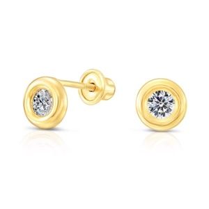 10K GOLD Round Bezel CZ Stud ScrewBack Earrings